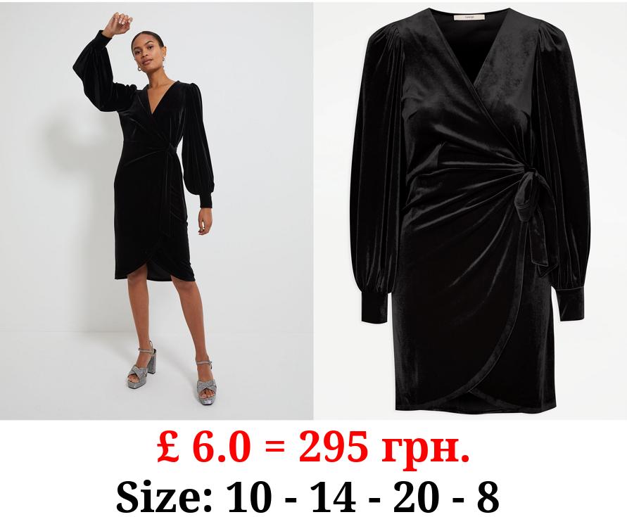 Black Wrap Around Velvet Midi Dress