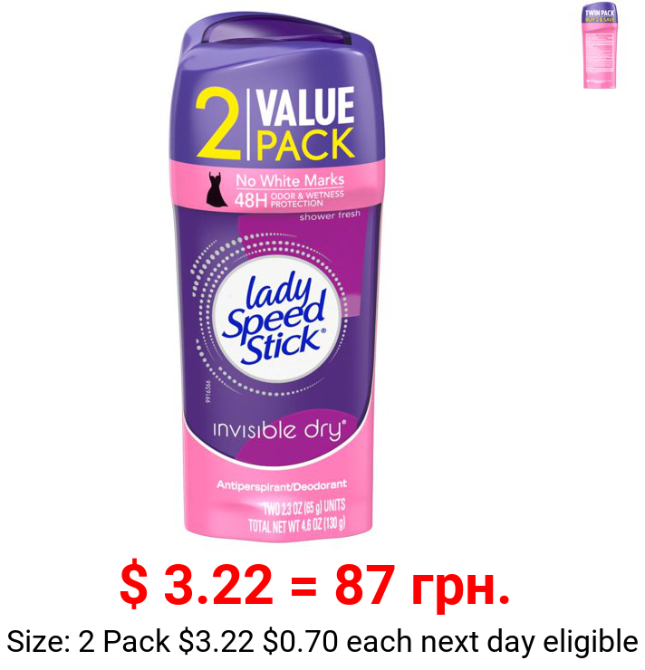 Lady Speed Stick Invisible Dry Antiperspirant Deodorant, Shower Fresh, 2.3 Oz. Twin Pack