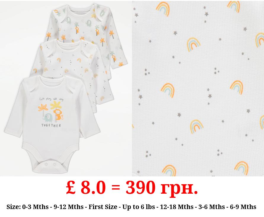 White Safari Animal Ribbed Long Sleeve Bodysuits 3 Pack