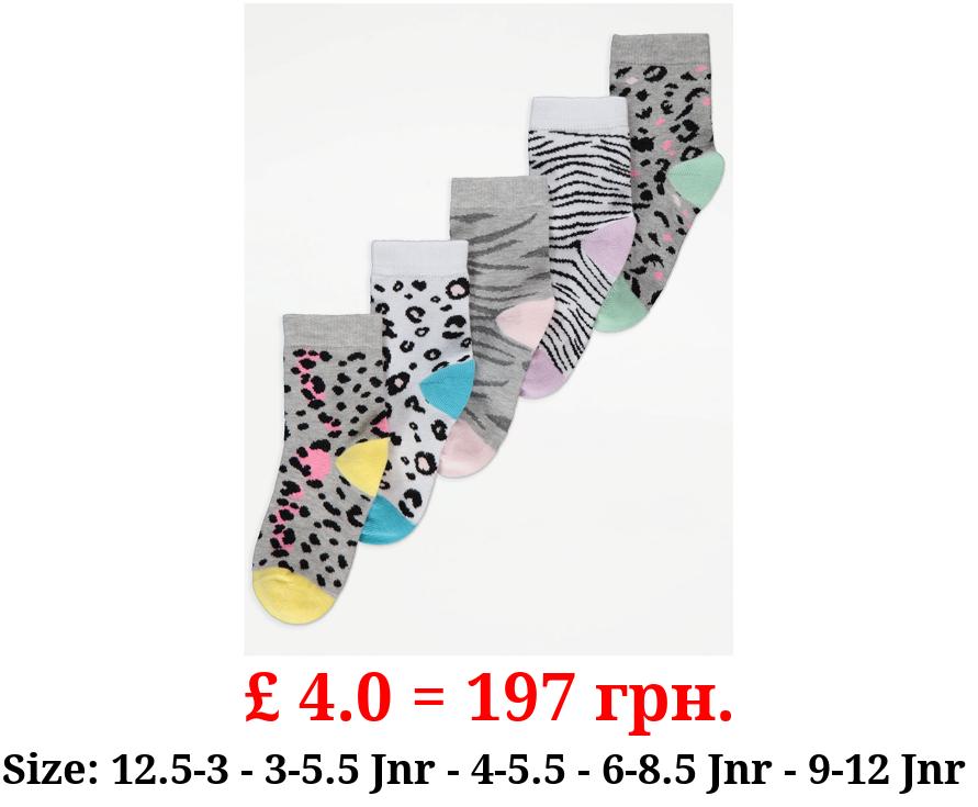 Grey Animal Print Cotton Rich Ankle Socks 5 Pack