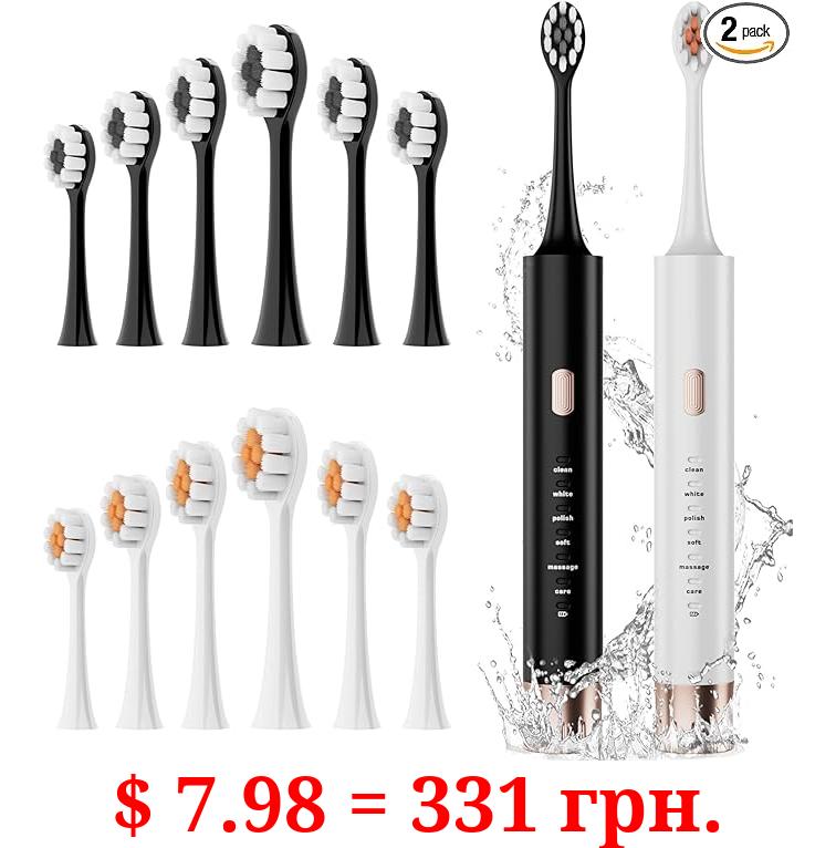 Aneebart Sonic Electric Toothbrush 2 Pack,Electric Toothbrush for Adults and Kids ,Travel Electric Toothbrush includes 12 Brush Heads,IPx8 Waterproof (Black & White )