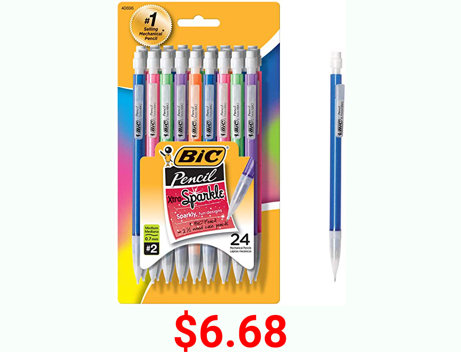 BIC Xtra-Sparkle Mechanical Pencil, Medium Point (0.7 mm), 24-Count, Refillable Design for Long-Lasting Use