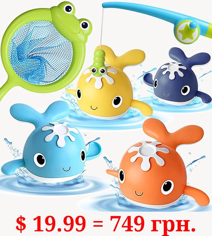 LOYUEGIYO Baby Bath Toys,Magnet Fishing Game Bath Baby Toy for 1-3 4-8 Year Old Toddler Boys Girls,Toys Gifts for Kid,Baby Bathtub Toys 18 Months+,4 Wind-up Whale Water Shower Toy&1 Fishing Pole&1 Net