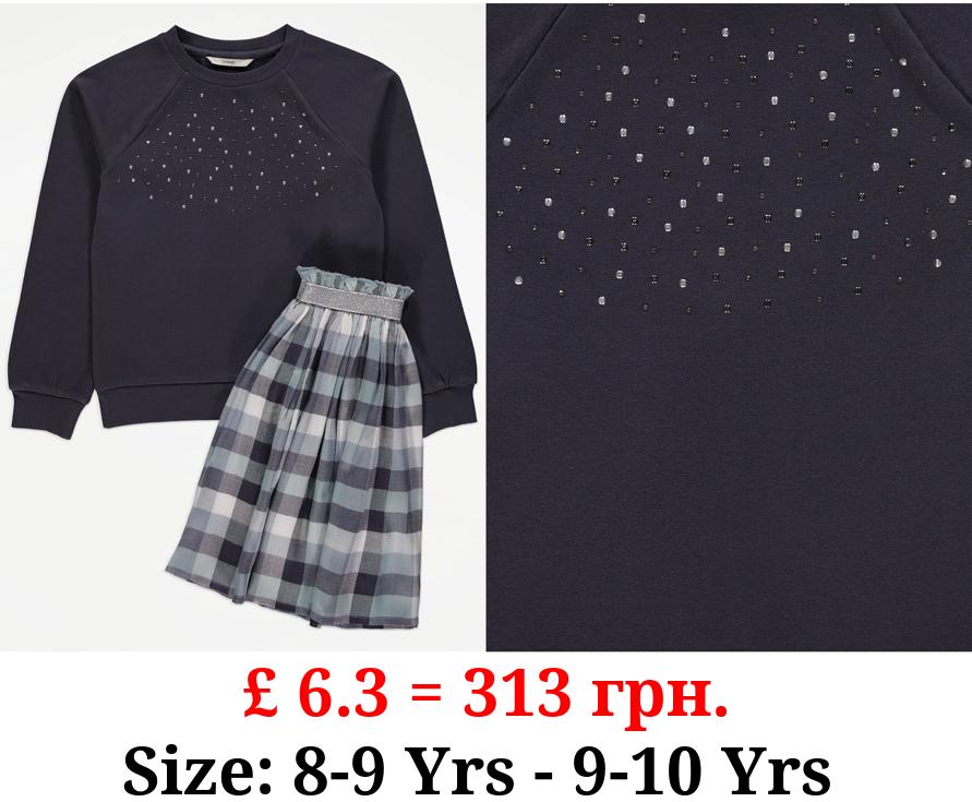 Navy Sparkle Sweatshirt and Grey Checked Skirt Outfit
