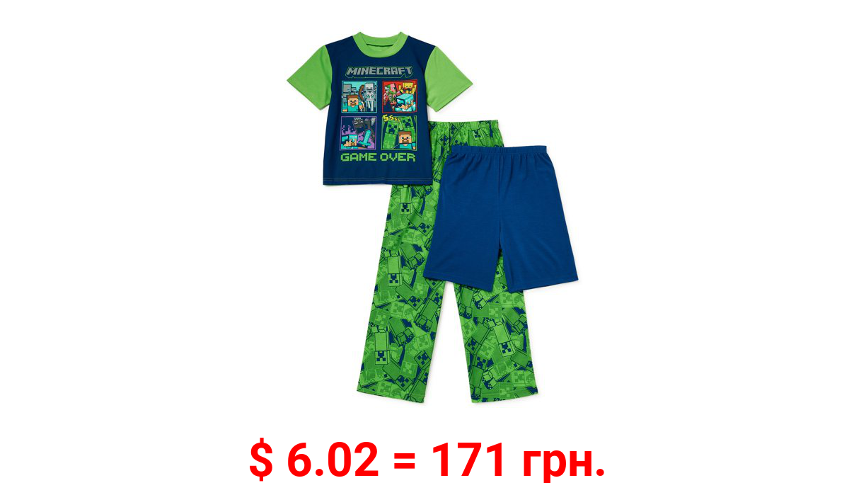 Minecraft Boys Short Sleeve Top, Pants and Shorts, 3-Piece Pajama Set, Sizes 6-12
