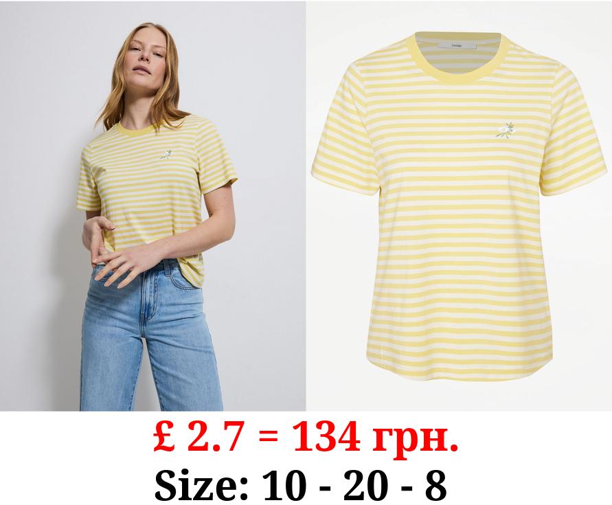 Yellow Stripe Flower Embroidery T-Shirt