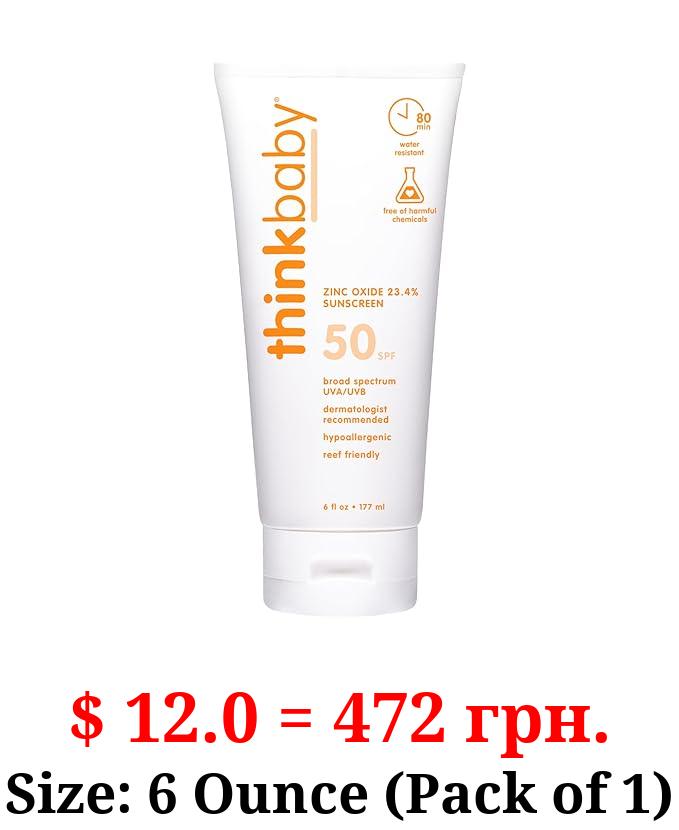 Thinkbaby SPF 50+ Baby Mineral Sunscreen – Safe, Natural Sunblock for Babies - Water Resistant Sun Cream – Broad Spectrum UVA/UVB Sun Protection – Vegan Baby Sunscreen Lotion, 6 Oz.