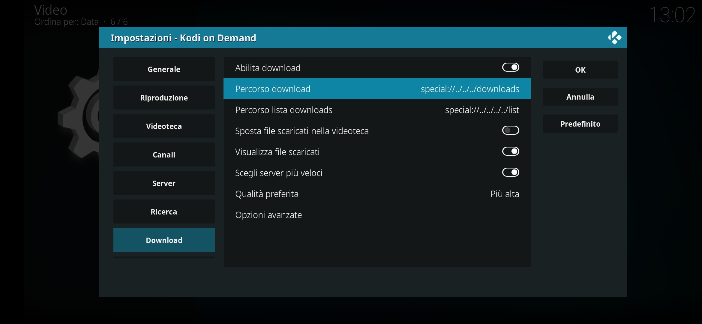 Schermata impostazioni download