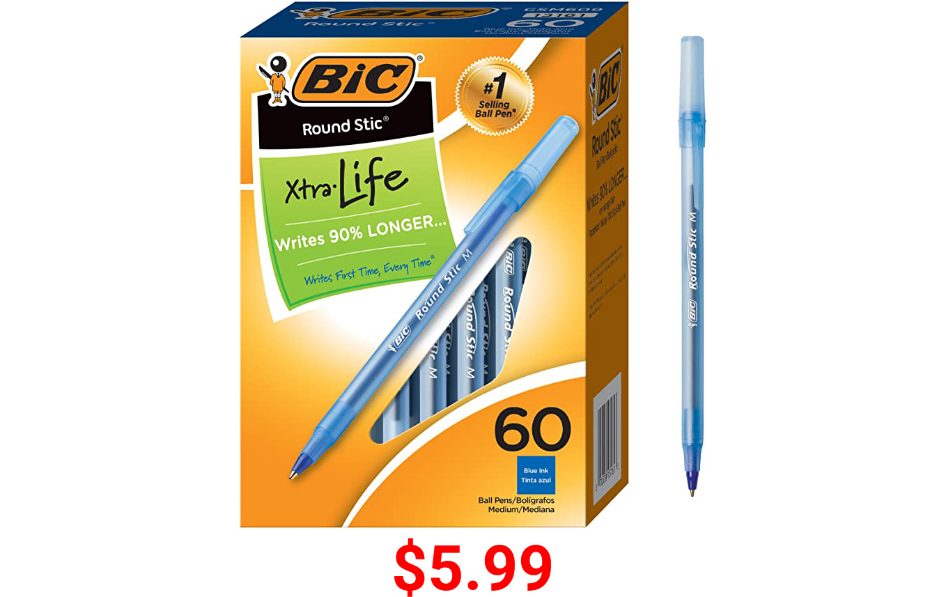 BIC Round Stic Xtra Life Ballpoint Pen, Medium Point (1.0mm), Blue, Flexible Round Barrel For Writing Comfort, 60-Count