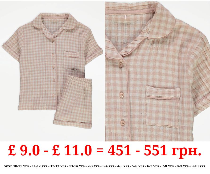 Pink Gingham Check Cheesecloth Short Shirt Pyjamas