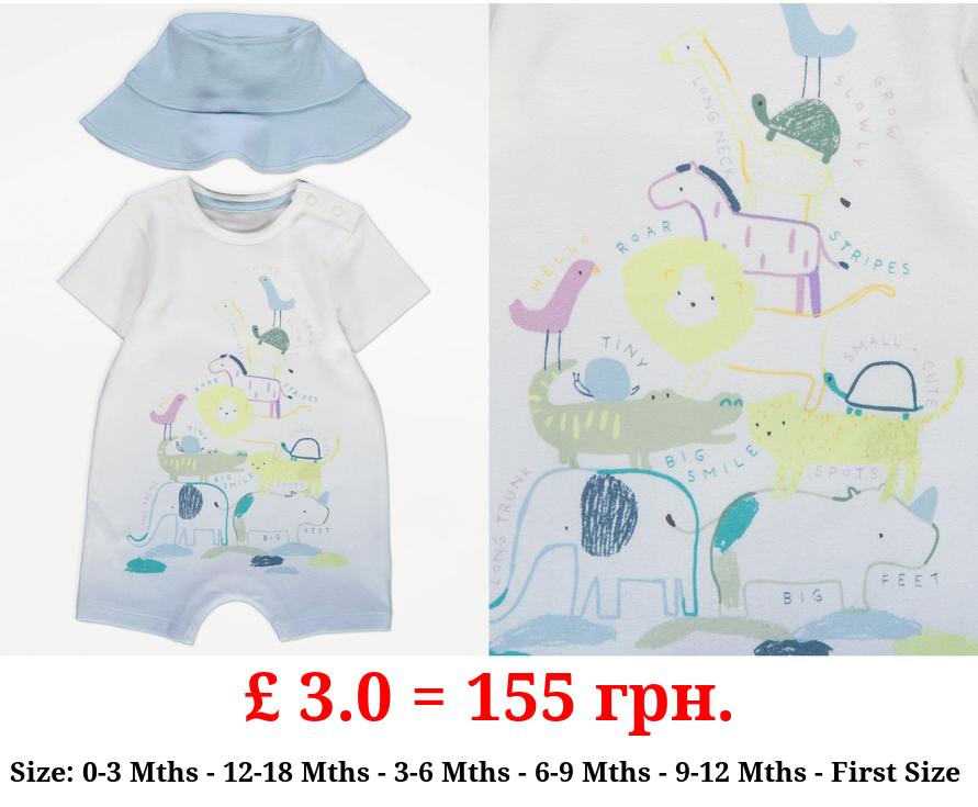 Blue Safari Romper and Keppi Hat Outfit