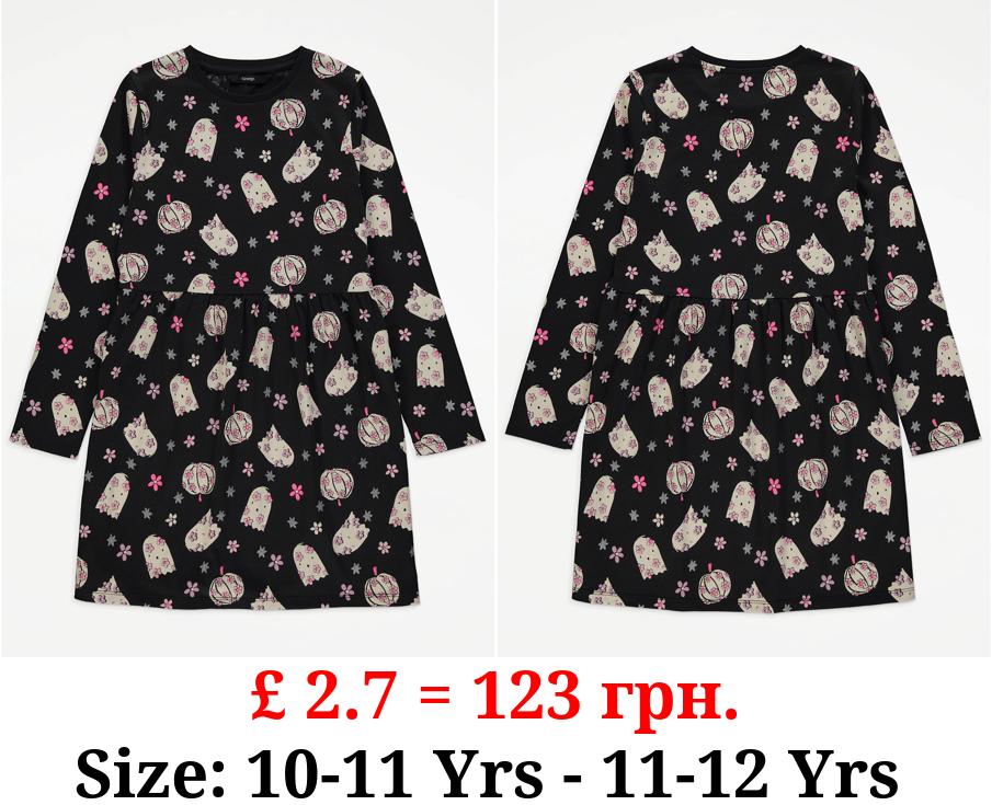 Halloween Black Floral Ghost Print Long Sleeve Dress