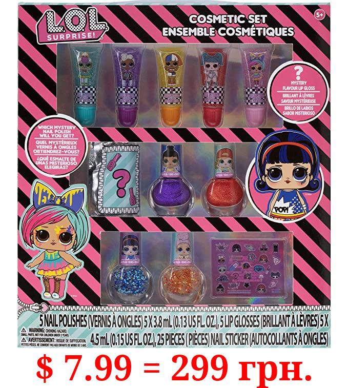 L.O.L. Surprise! Townley Girl 11 Pcs Sparkly Cosmetic Makeup Set for Kids Includes 5 Lip Gloss, 5 Nail Polish & Nail Stickers for Girls Tweens, Ages 3+ Perfect for Parties, Sleepovers and Makeovers