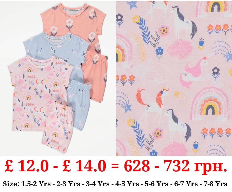 Pastel Unicorn Flower Short Pyjamas 3 Pack