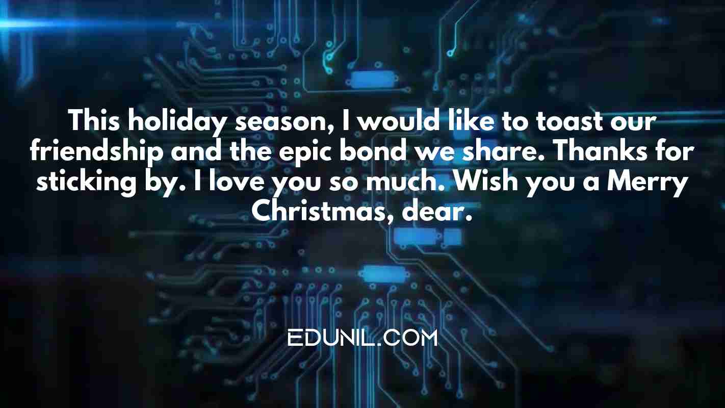 This holiday season, I would like to toast our friendship and the epic bond we share. Thanks for sticking by. I love you so much. Wish you a Merry Christmas, dear. - 

