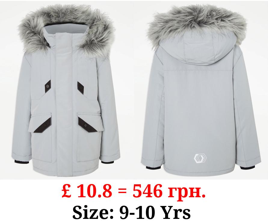 Grey Faux Fur Trim Parka Coat