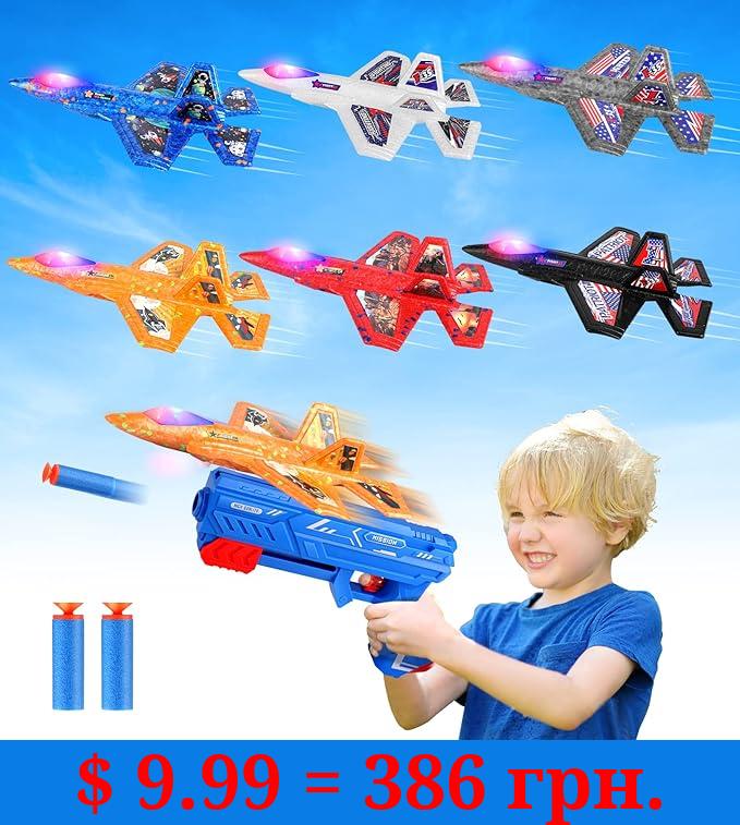 6 Pack Airplane Launcher Toy,7.4" F-35 Foam LED Catapult Plane with 6 Stickers for Kids Outdoor Flying Toys Birthday Gifts for 4 5 6 7 8 9 10 12 Year Old Boys Girls