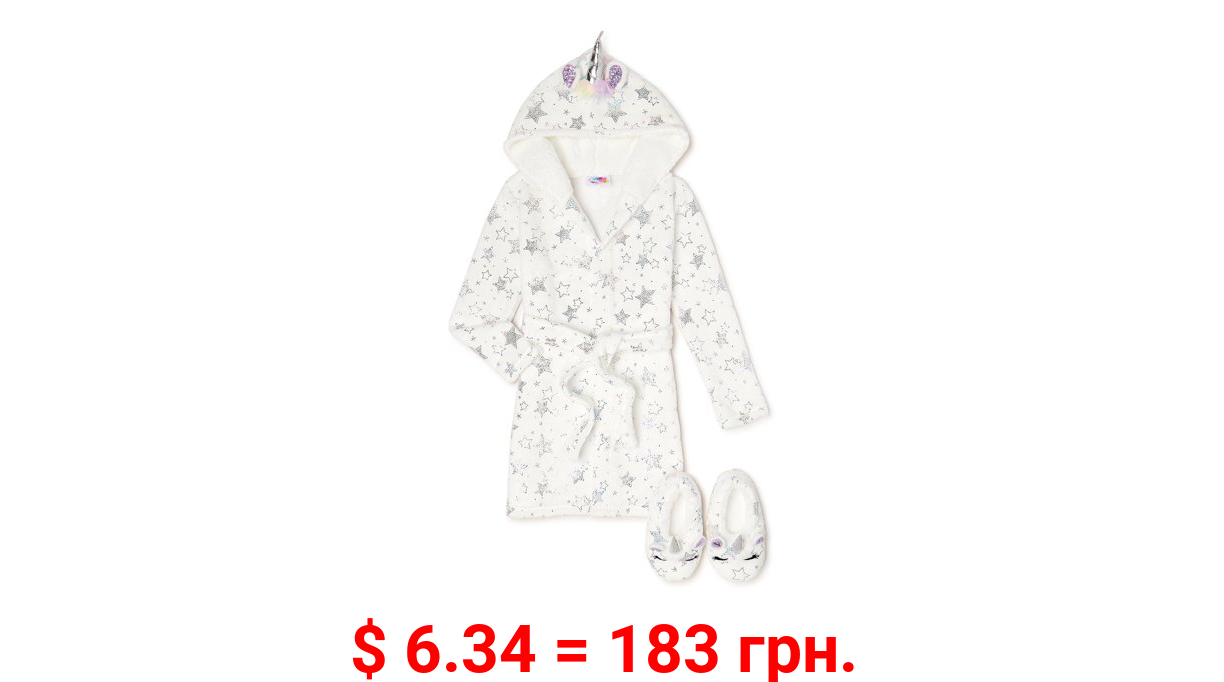 Bmagical Girls' Plush Hooded Unicorn Robe with Matching Slippers, 2-Piece, Sizes 4-12