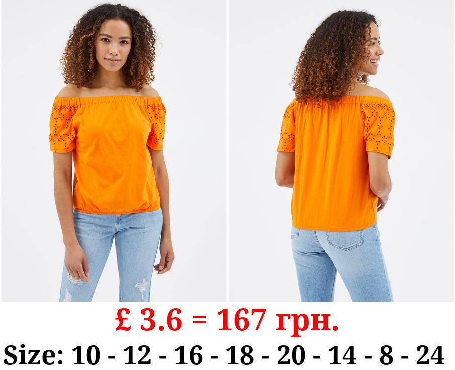 Bright Orange Broderie Sleeve Off Shoulder Top