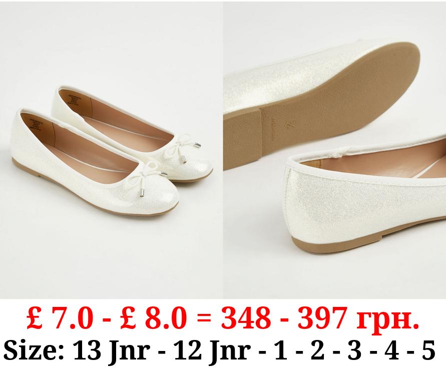 White Glitter Bow Ballet Shoes