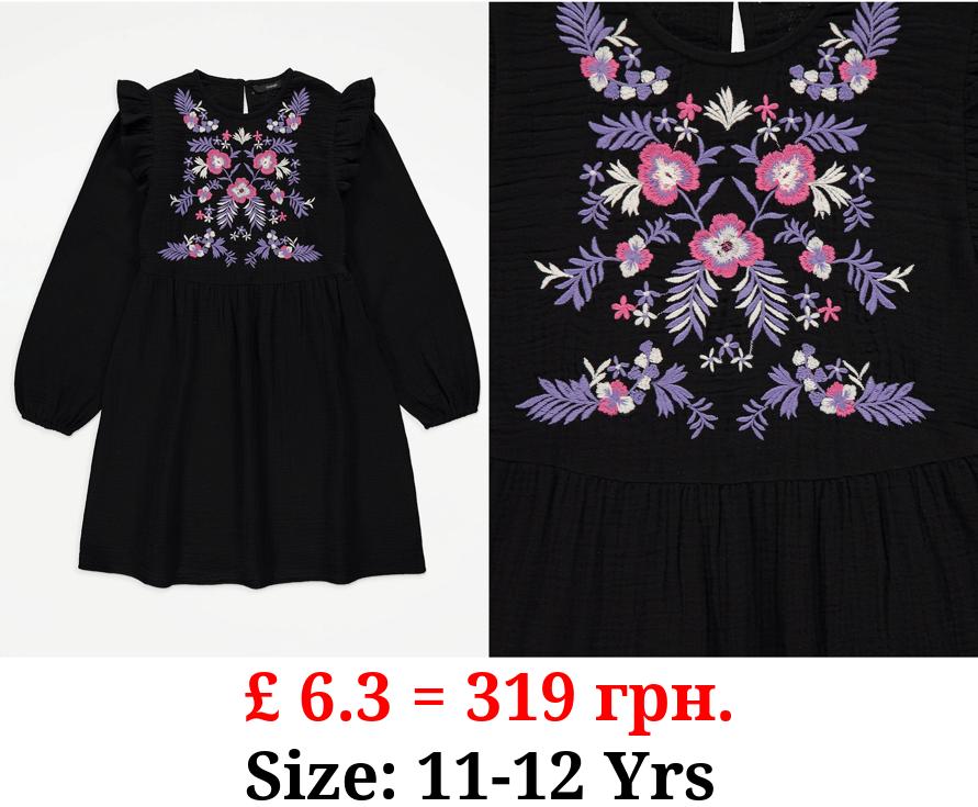 Black Embroidered Cheesecloth Dress