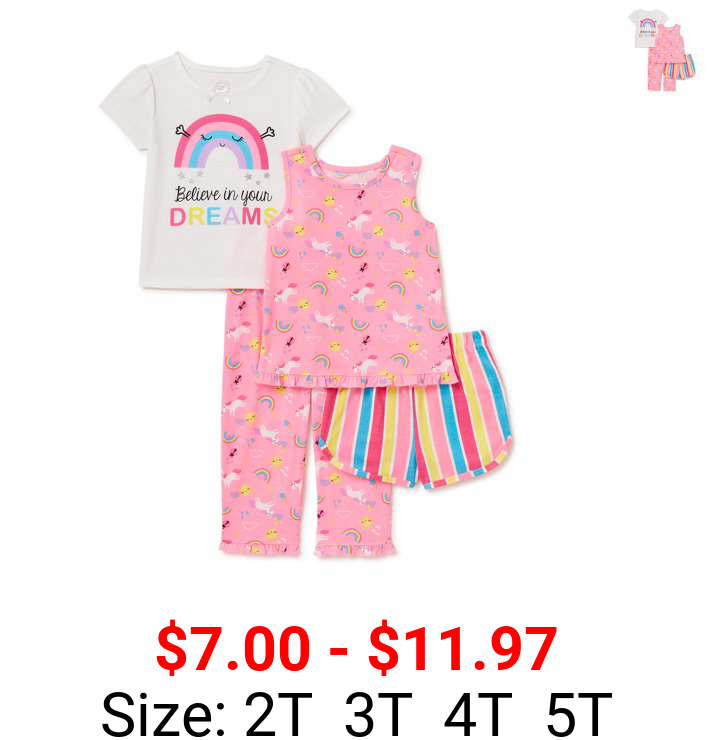 Wonder Nation Toddler Girls Short Sleeve & Tank Top Poly Pajamas, 4-Piece Set