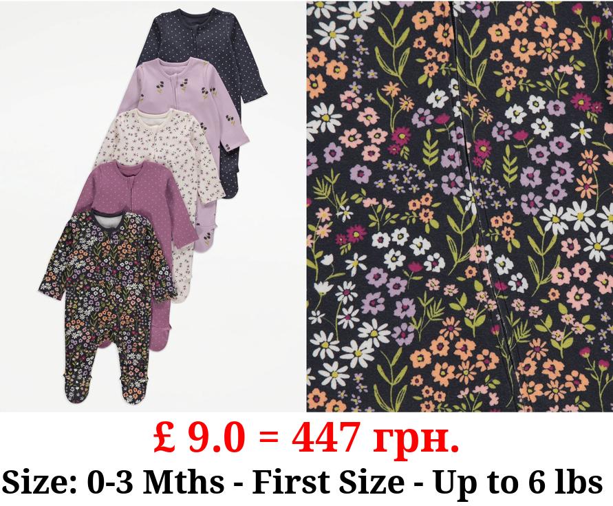 Purple Floral 2 Way Zip Fastening Sleepsuits 5 Pack