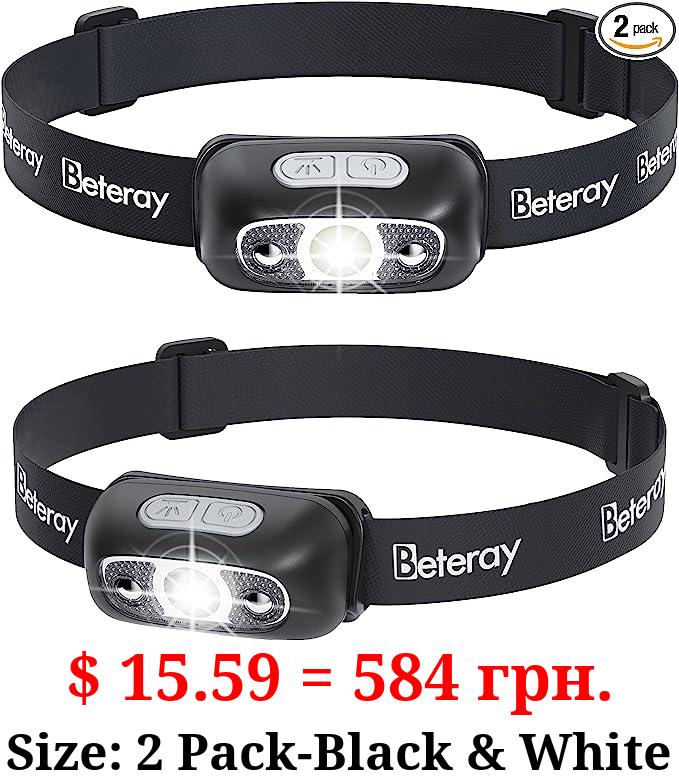 2 Pack-Headlamp for Adults with 300 Lumens USB Rechargeable Head Lamp with Featherweight Design(0.08 LB), IPX4 LED Sensor Headlamps for Running Camping Reading with Long Run Time (Black & White)