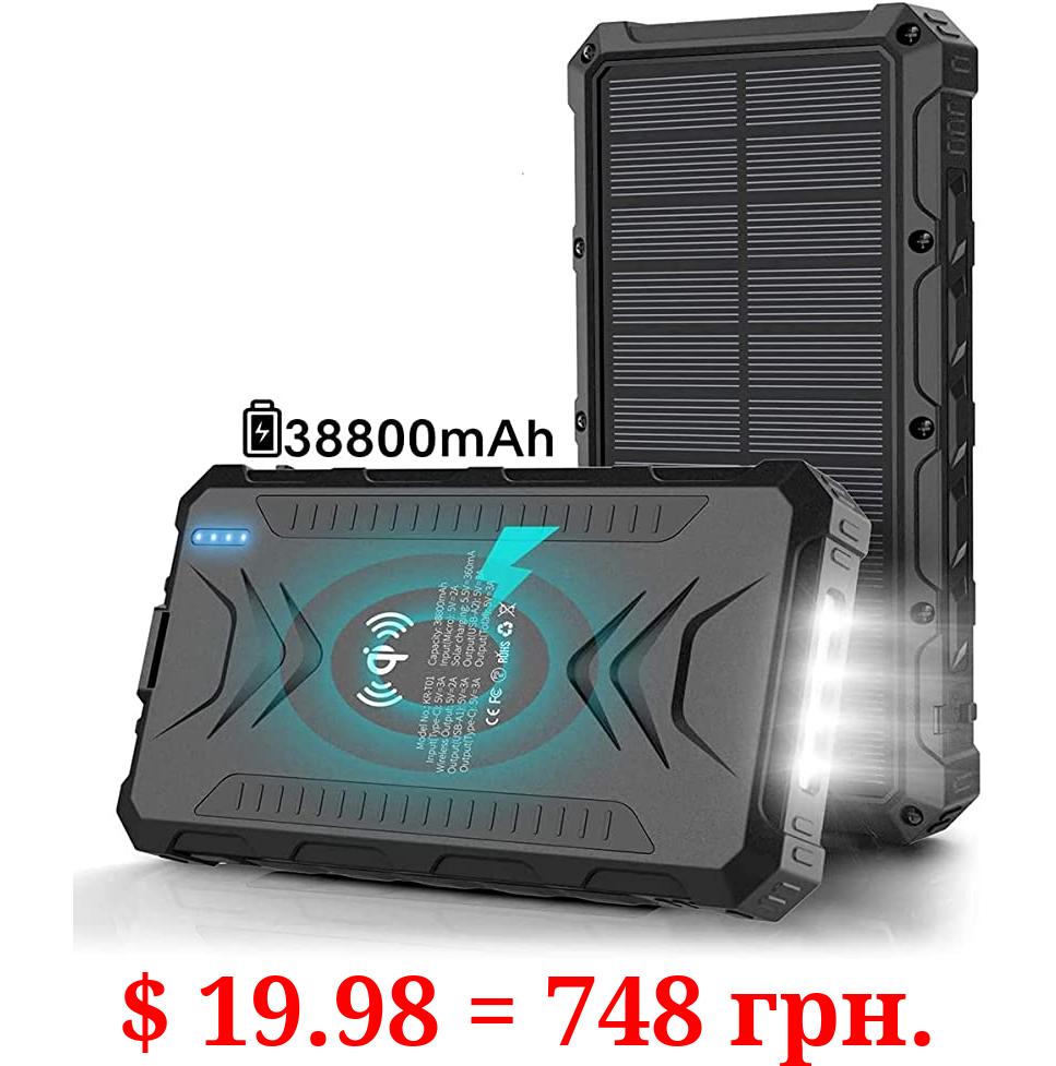 Solar Power Bank,Solar Charger 38800mAh, Qi Wireless Charger, Outputs 5V/3A High-Speed & 2 Inputs Huge Capacity Phone Charger for Smartphones, IP66 Rating, Strong Light LED Flashlights (Black)