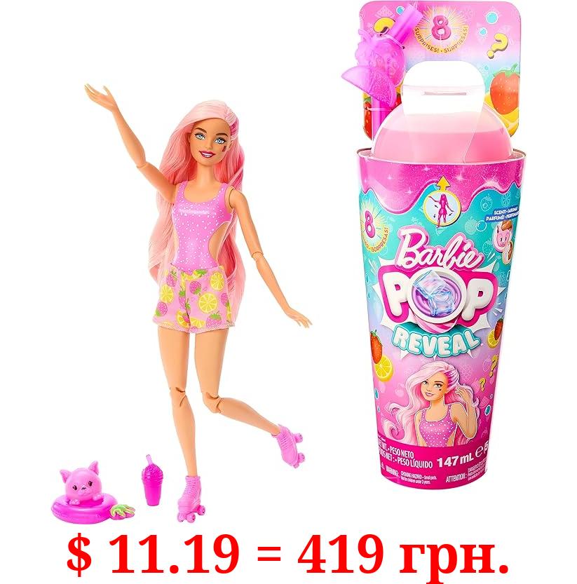 Barbie Pop Reveal Doll & Accessories, Strawberry Lemonade Scent with Pink Hair, 8 Surprises Include Slime & Squishy Puppy