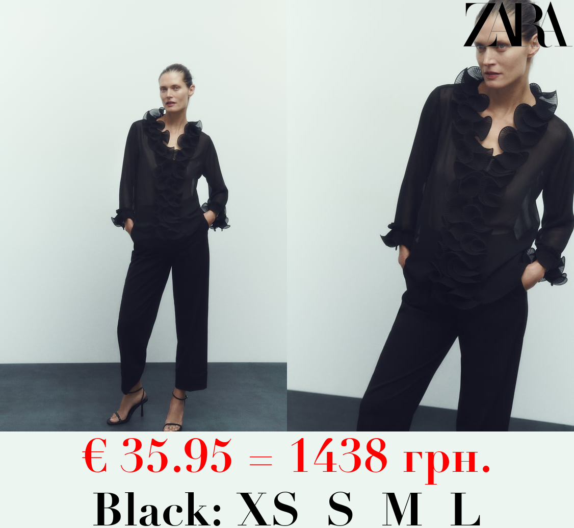 SEMI-SHEER BLOUSE WITH PLEATED RUFFLE TRIMS