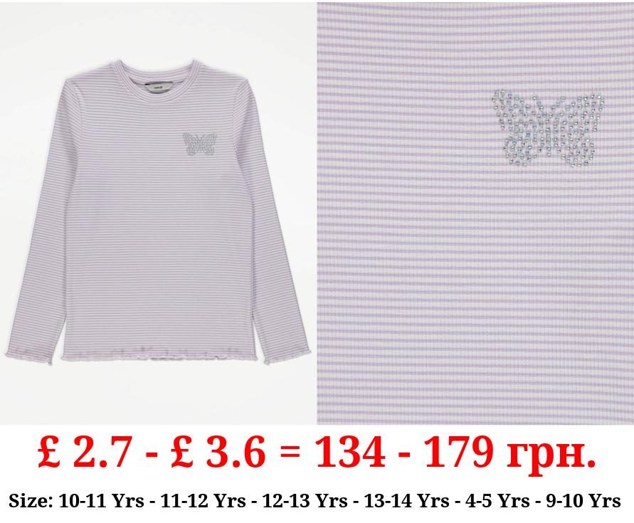 Lilac Stripe Ribbed Long Sleeve Butterfly Top