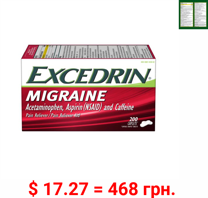 Excedrin Migraine Medicine Caplets for Migraine Headache Relief, 200 Count