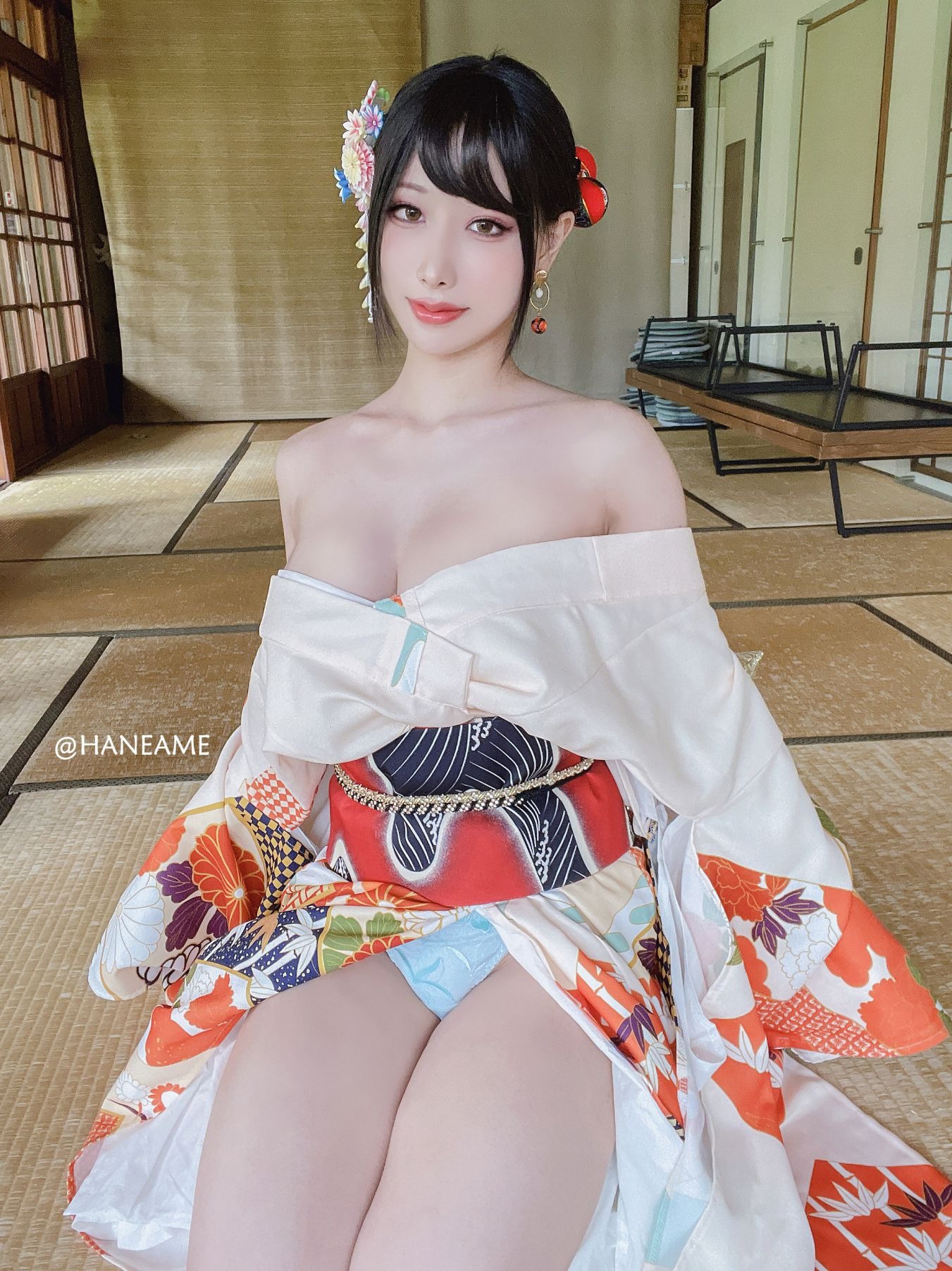 HaneAme 雨波 — Flower Print Kimono Girl 4