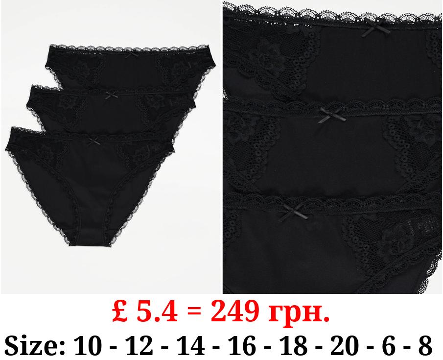 Black Lace Trim High Leg Knickers 3 Pack