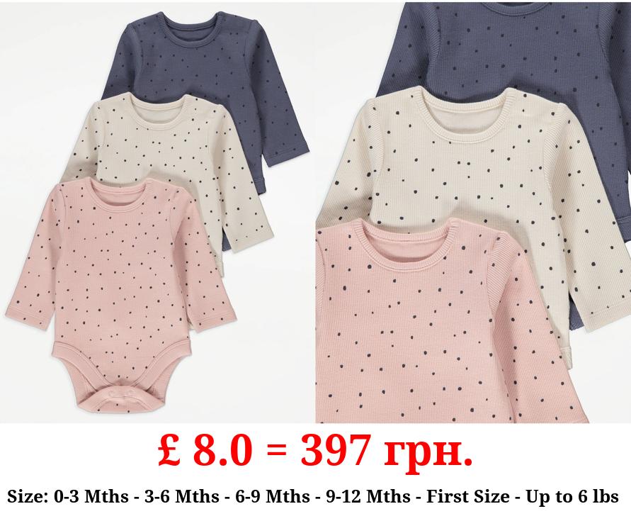 Spotty Ribbed Long Sleeve Bodysuits 3 Pack