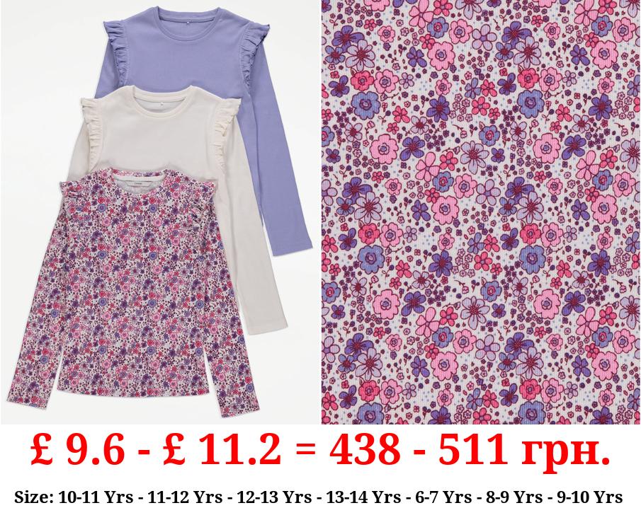 Frill Long Sleeve Ribbed Tops 3 Pack