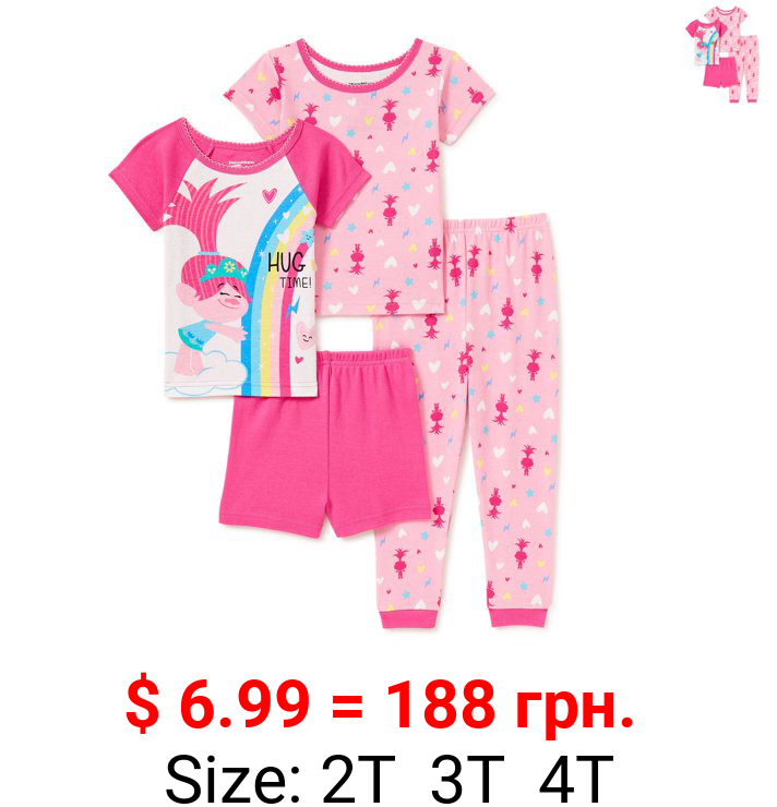 Trolls Toddler Girl Snug Fit Cotton Short Sleeve Pajamas, 4-Piece Set, Sizes 2T-5T