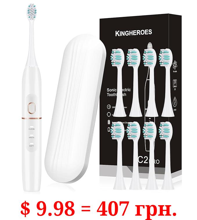 kingheroes Electric Toothbrush Set, Comes with 8 Brush Heads & Travel Case,4 Modes with 2 Minutes Built in Smart Timer, One Charge for 60 Days, 42000 VPM Motor (White)