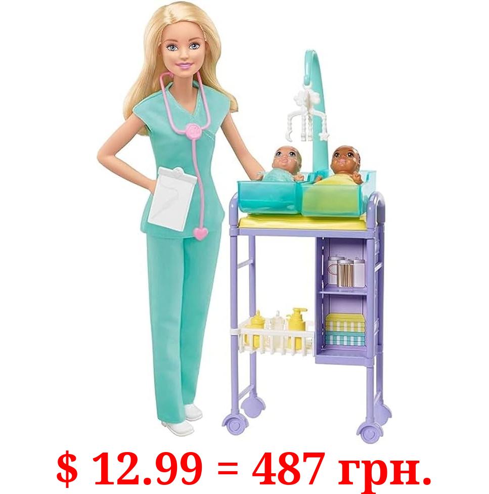 Barbie Baby Doctor Playset with Blonde Doll, 2 Infant Dolls, Exam Table and Accessories, Stethoscope, Chart and Mobile for Ages 3 and Up
