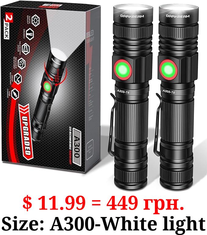 DARKBEAM LED Flashlights Rechargeable USB 2000 High Lumens, Small and Bright Pocket Flashlight, Zoomable Water Resistant Handheld Flash Light for Camping, Outdoor, Emergency with Battery, 2 Pack