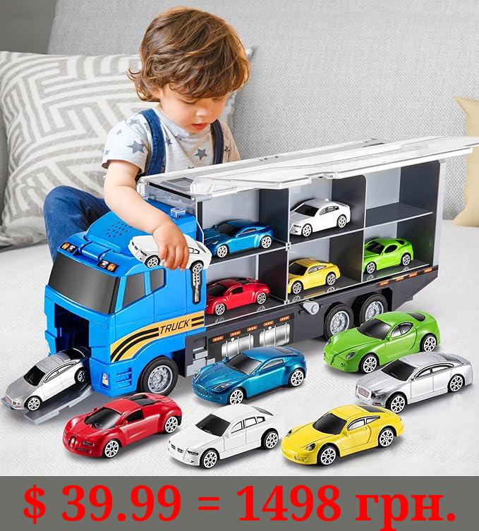 TEMI Transport Cars Carrier Set Toys w/Play Mat, Die-cast Vehicles Truck Alloy Metal Race Model Car Toys for Toddler Age 3-9 Kids Boys & Girls