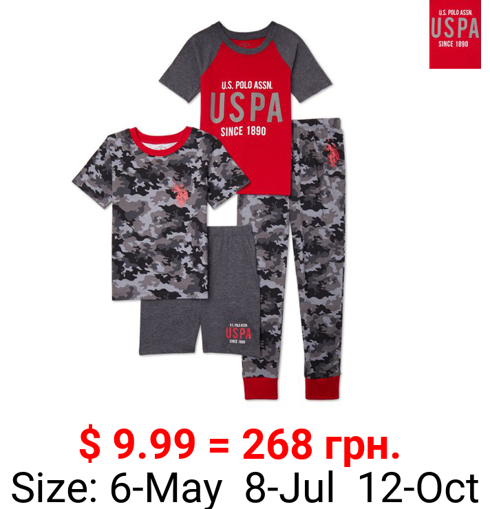 U.S. Polo Assn. Boys Tight Fit Short Sleeve Shirts, Shorts, and Pants Pajama Sleep and Lounge Set, 4-Piece, Sizes 7-16