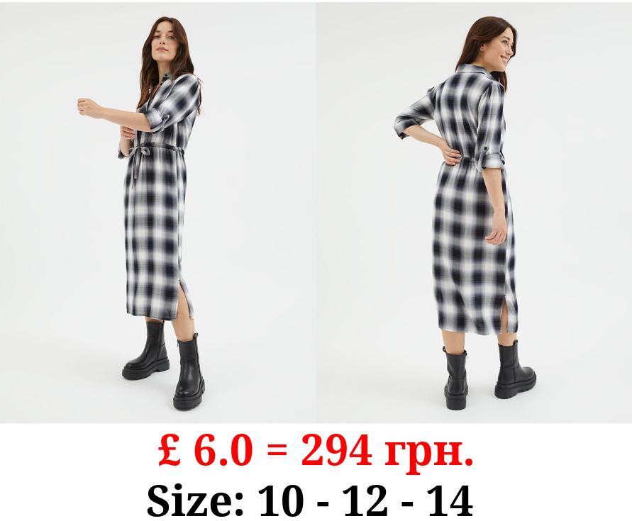 Checked Belted Shirt Midi Dress