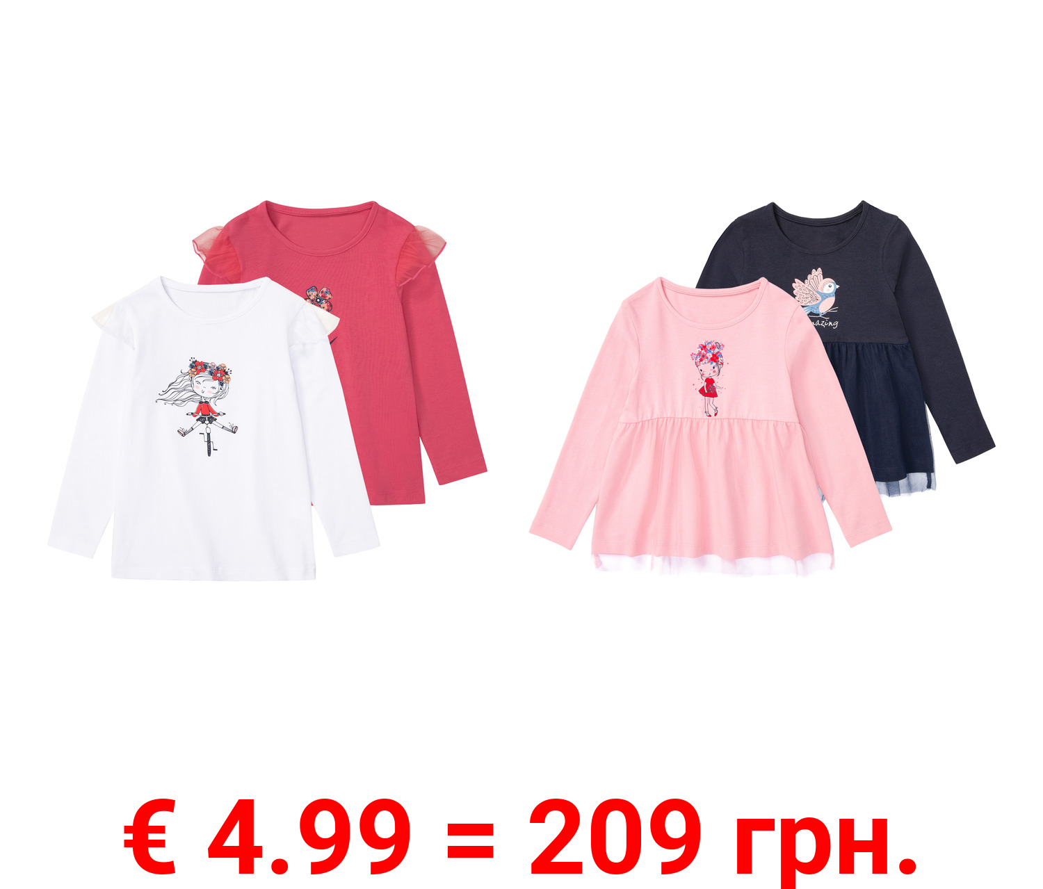 lupilu® Kleinkinder Mädchen Langarmshirts, 2 Stück, langarm