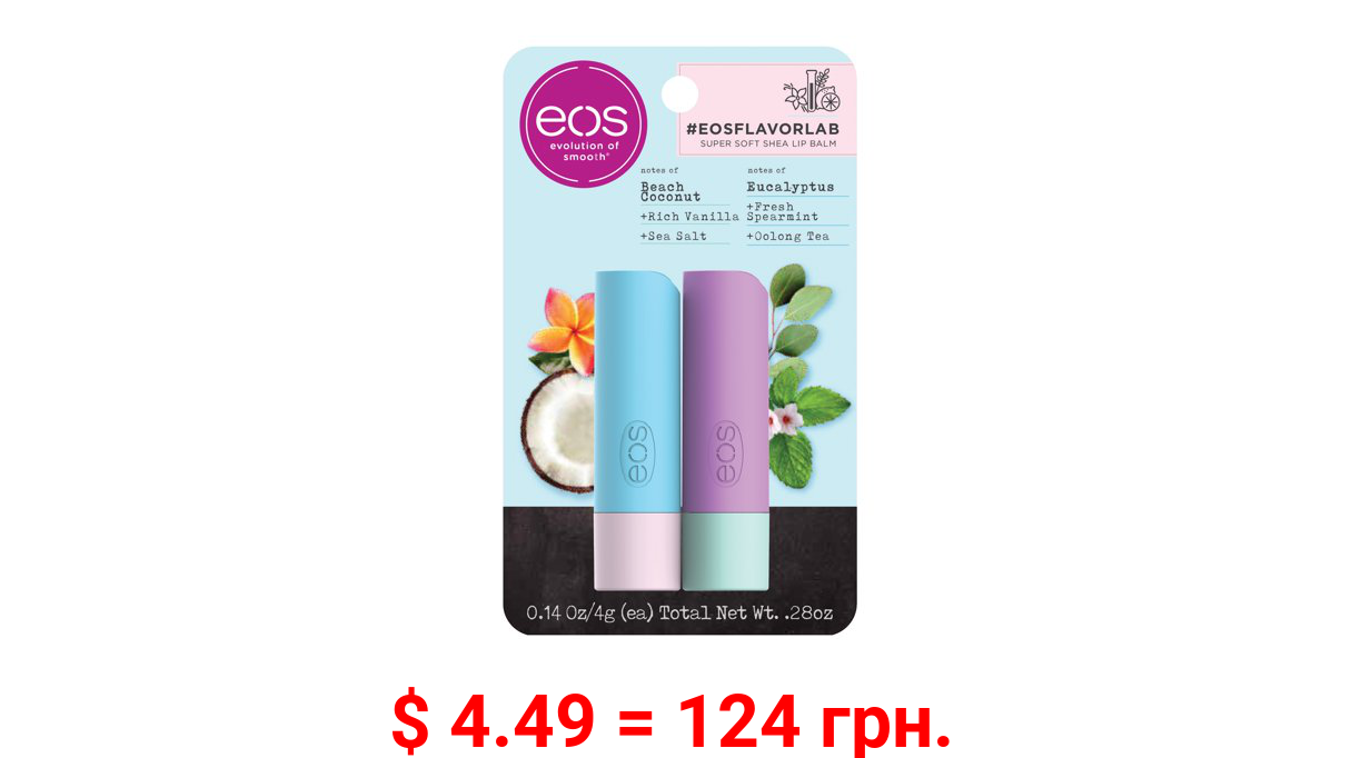 eos flavorlab Stick Lip Balm - Beach Coconut and Eucalyptus , Moisuturzing Shea Butter for Chapped Lips , 0.14 oz , 2 count