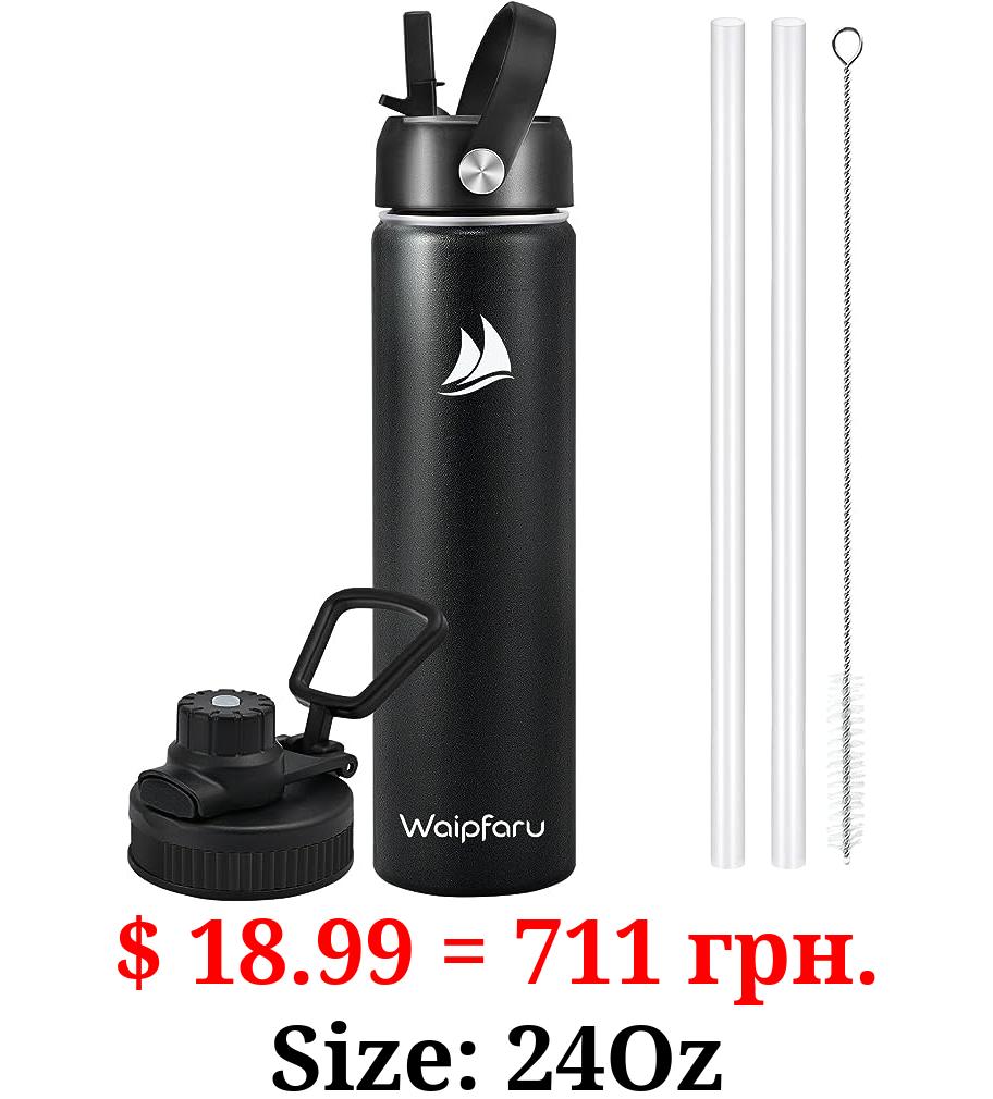 Waipfaru Insulated Water Bottle 24oz, Stainless Steel Water Bottles with 2 Straws & 2 Lids, Metal Sports Water Bottle Keep Cold & Hot, Double Wall Vacuum Wide Mouth for Sports Gym Travel, Black
