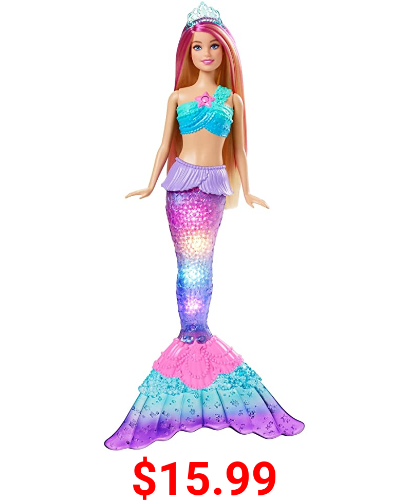 Barbie Dreamtopia Twinkle Lights Mermaid Doll (12 in, Blonde) with Water-Activated Light-Up Feature and Pink-Streaked Hair, Gift for 3 to 7 Year Olds
