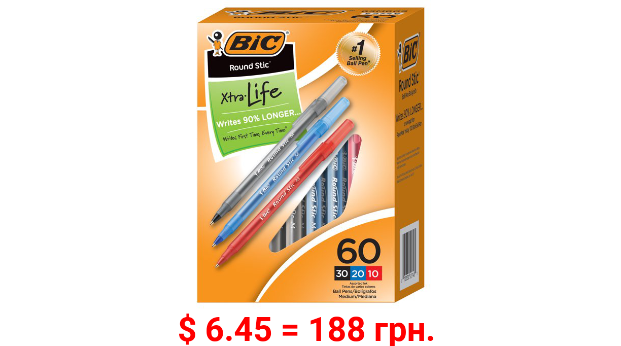 BIC Round Stic Xtra Life Ballpoint Pen, Medium Point (1.0mm), Assorted, 60-Count