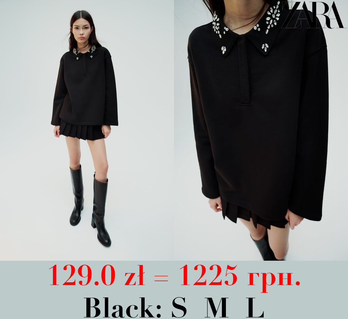 RHINESTONE POLO COLLAR SWEATSHIRT